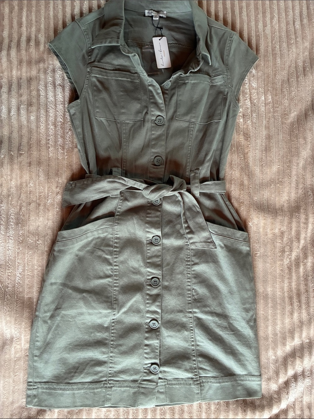 Sleeveless Olive Mini Shirt Dress with Waist Tie